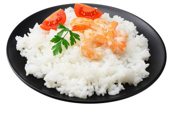White rice with shrimps in black bowl isolated on white background