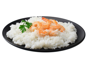 White rice with shrimps in black bowl isolated on white background