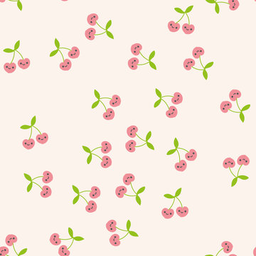Seamless pattern with cherries. Kawaii style. Vector.