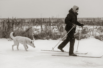 man with his dog skiing