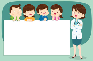 Doctor and Cute Children with banner