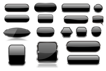 Black glass buttons. Collection of 3d icons