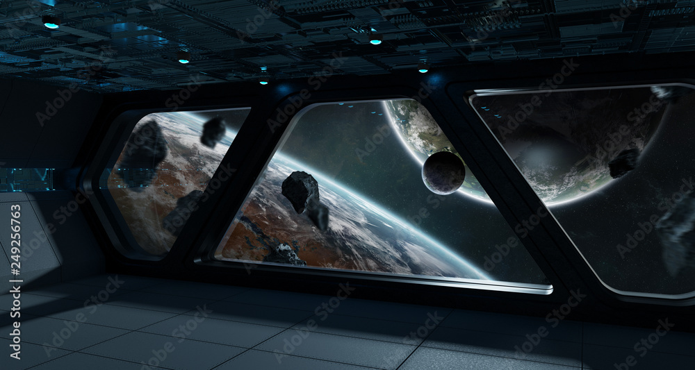 Poster Dark spaceship interior with large window view 3D rendering