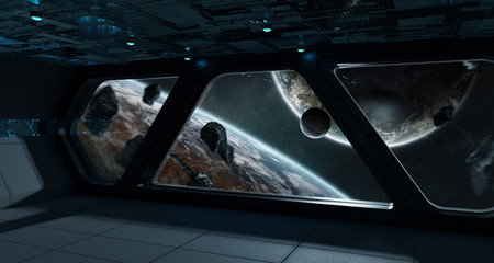 Dark spaceship interior with large window view 3D rendering