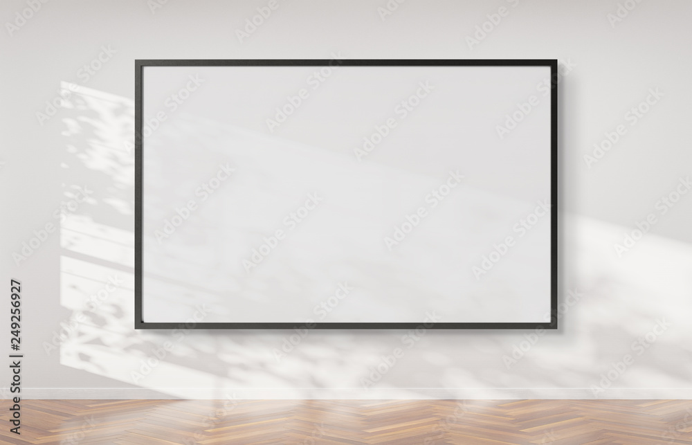 Poster black frame hanging on a wall mockup 3d rendering