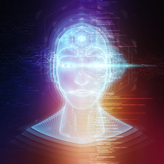 Robot cyborg man head artificial intelligence learning 3D rendering