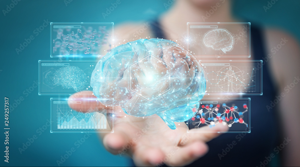 Aufkleber businesswoman using digital 3d projection of a human brain 3d rendering