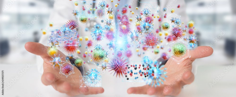 Poster doctor using digital nanobot virus 3d rendering