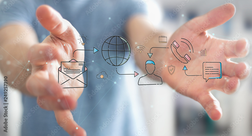 Poster businessman using thin line social network icons interface