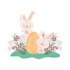 easter rabbits with egg and flowers icon
