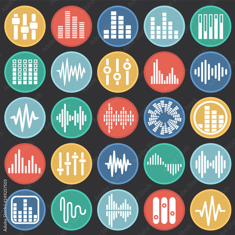Poster equalizer icons set on color circles black background for graphic and web design, modern simple vect