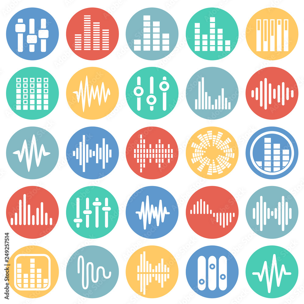 Poster equalizer icons set on color circles white background for graphic and web design, modern simple vect