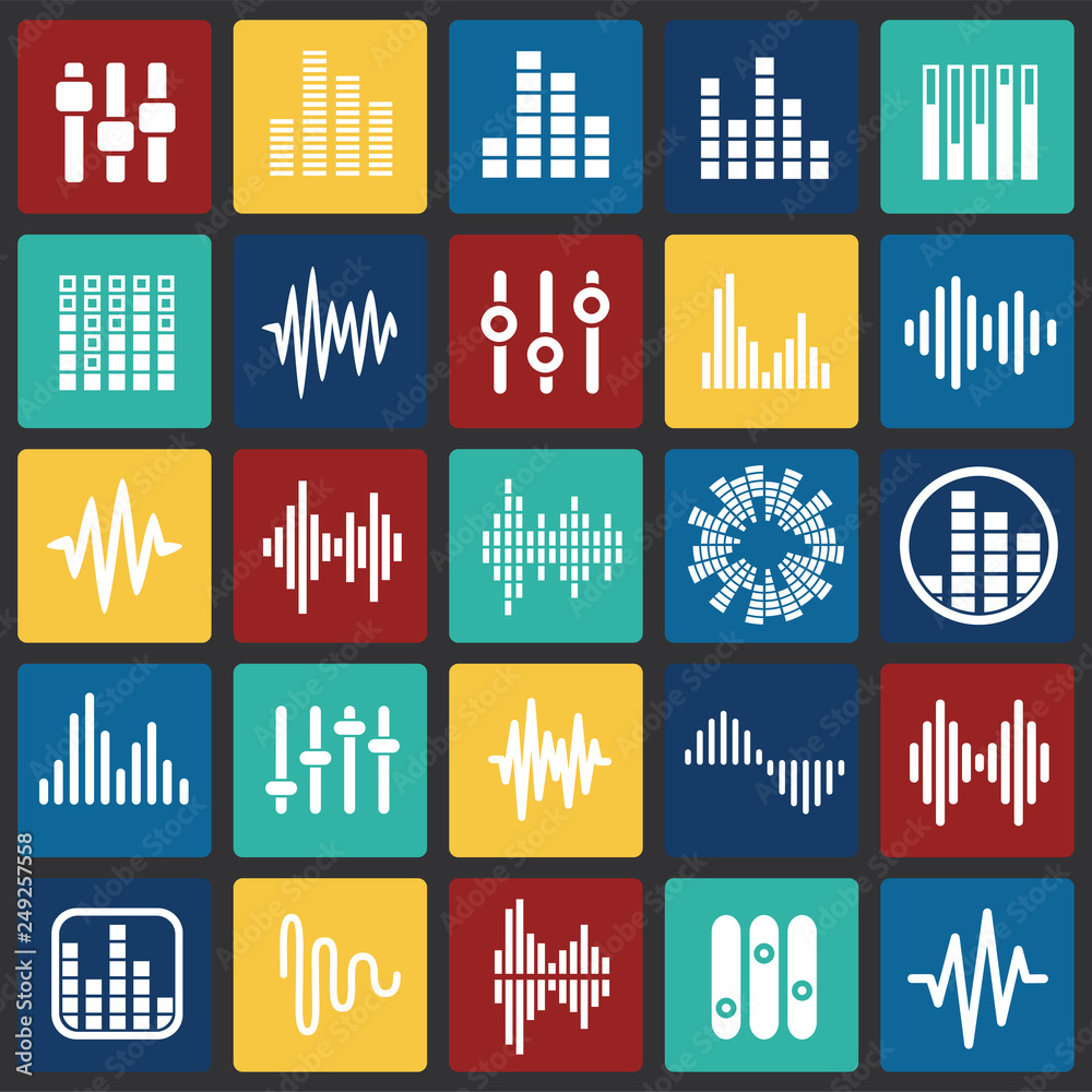 Poster equalizer icons set on color squares background for graphic and web design, modern simple vector sig
