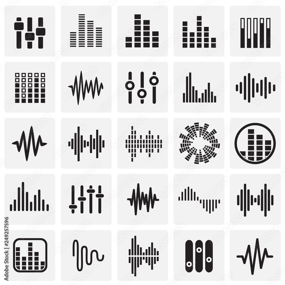 Poster equalizer icons set on squares background for graphic and web design, modern simple vector sign. int