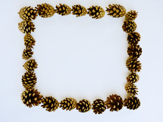 Brown pine cone on white background . Autumn and Winter composition.Christmas Holidays Background.Flat lay, top view. Close-up of many brown color natural dry pine cones.