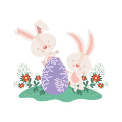 easter rabbits with egg and flowers icon
