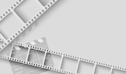 Abstract background with white film strip frame and clapper-board isolated on white background. Design template cinema with space for your text. Vector brochure, tickets,flyer, leaflet.3d style.EPS 10