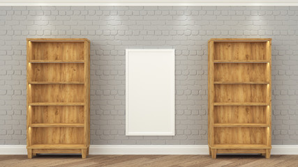 Wooden racks stand at the gray brick wall. between them weighs a frame with a white background. Empty shelves for the installation of your product. 3d render