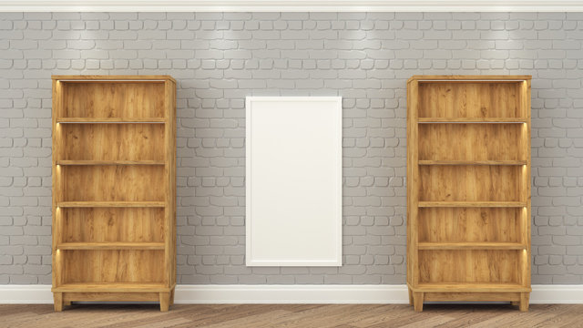 Wooden racks stand at the gray brick wall. between them weighs a frame with a white background. Empty shelves for the installation of your product. 3d render