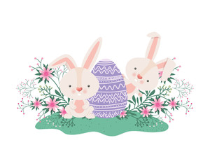 easter rabbits with egg and flowers icon