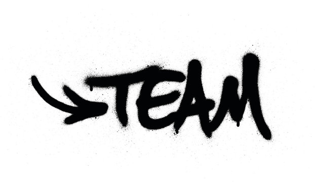 graffiti team word sprayed in black over white