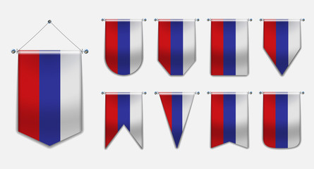 Set of hanging flags of the RUSSIA with textile texture. Diversity shapes of the national flag country. Vertical Template Pennant for background, banner, web site, logo,award, achievement, festival.
