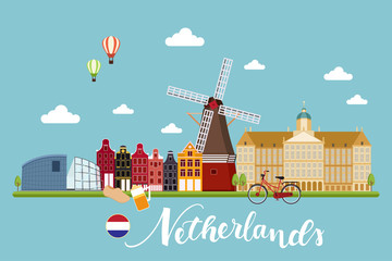 Netherland Travel Landscapes Vector Illustration - obrazy, fototapety, plakaty