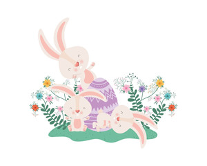 easter rabbits with egg and flowers icon