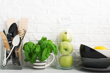 Kitchen utensils background with a blank space for a text, home kitchen decor concept, front view