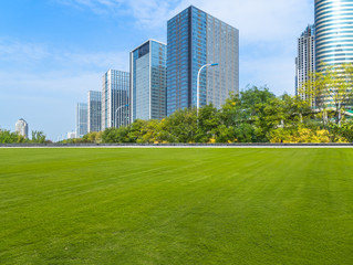 Obraz premium cityscape and skyline of shanghai from meadow in park.