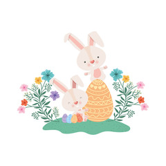 easter rabbits with egg and flowers icon