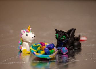Light fury and toothless in polymer clay, 3D play animals scene, hand made