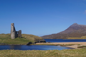 View over Loch Assynt and Ardvreck Castle in the Scottish Highlands