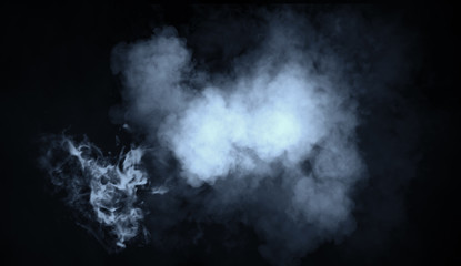 Blue abstract smoke misty fog on isolated black background. Texture overlays. Design element.