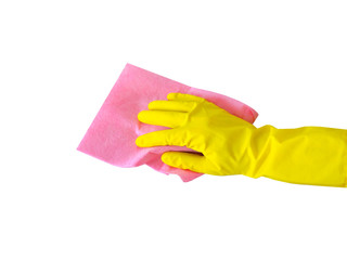 Employee hand in rubber protective glove with micro fiber cloth wiping wall from dust. Cleaning or housekeeping concept background.Getting started cleaning.  Commercial cleaning company. Copy space. 