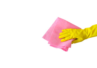 Employee hand in rubber protective glove with micro fiber cloth wiping wall from dust. Cleaning or housekeeping concept background.Getting started cleaning.  Commercial cleaning company. Copy space. 