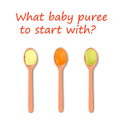 Green, yellow and orange baby purees in wooden isolated spoons. Vector, hand drawn