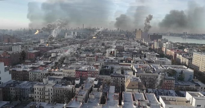 New York under Attack in war illustration Powerful Video Compisting simulates Real drone footage with visual effects elements of New York Harlem and manhattan under attack with smoke and destroyed bui
