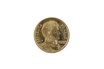 A macro image of a gold Chilean ten peso coin isolated on a white background