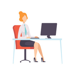 Businesswoman Working with Computer, Office Employee Character Vector Illustration