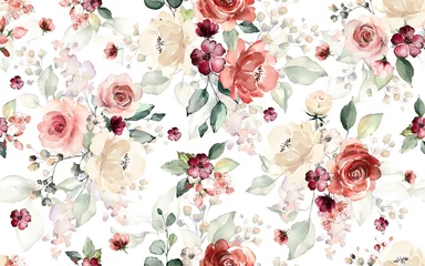 Wall murals White Seamless pattern with flowers and leaves. Hand drawn background.  floral pattern for wallpaper or fabric. Flower rose. Botanic Tile.