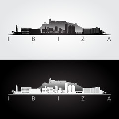 Ibiza skyline and landmarks silhouette, black and white design, vector illustration.