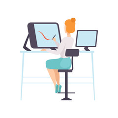 Businesswoman Working with Computer, Office Employee Character Daily Routine, Back View Vector Illustration
