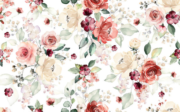 Seamless pattern with flowers and leaves. Hand drawn background.  floral pattern for wallpaper or fabric. Flower rose. Botanic Tile.