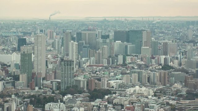 TOKYO,  JAPAN - CIRCA FEBRUARY 2019 : Aerial view of CITYSCAPE of TOKYO.  View around SHINAGAWA area and KAWASAKI FACTORY area behind.