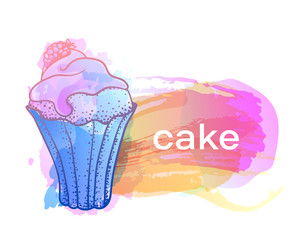 Imitation of watercolor sketch cake in doodle style.
