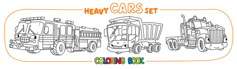 Funny heavy cars with eyes. Coloring book set