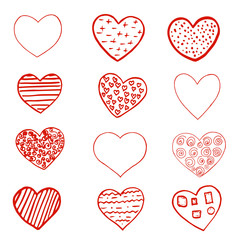 Set of Red hand drawn hearts on white background. Design element for Valentine s day. Print for poster, t-shirt, bags, postcard, sweatshirt, flyer.