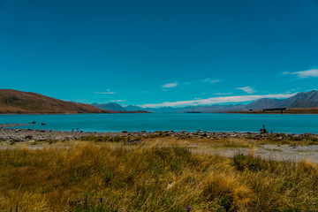 Fototapeta na wymiar beautiful wide look over lake tekapo in New Zealand, Majestic mountain lake in New Zealand, lake tekapo wallpaper image, amazing lake with mountains in the background
