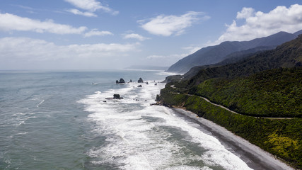 great coastline in greymouth New Zealand,  West coast of New Zealand - Punakaiki Pancake rocks region, aerial landscape photography in New Zealand, aerial image